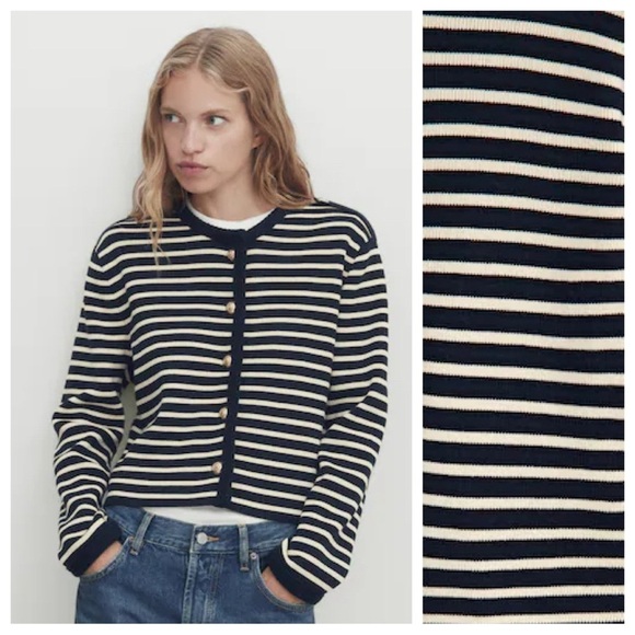 NWT. Massimo Dutti Navy Blue/Ecru Striped Gold-Toned Buttons Cardigan. Size M. - Picture 2 of 8